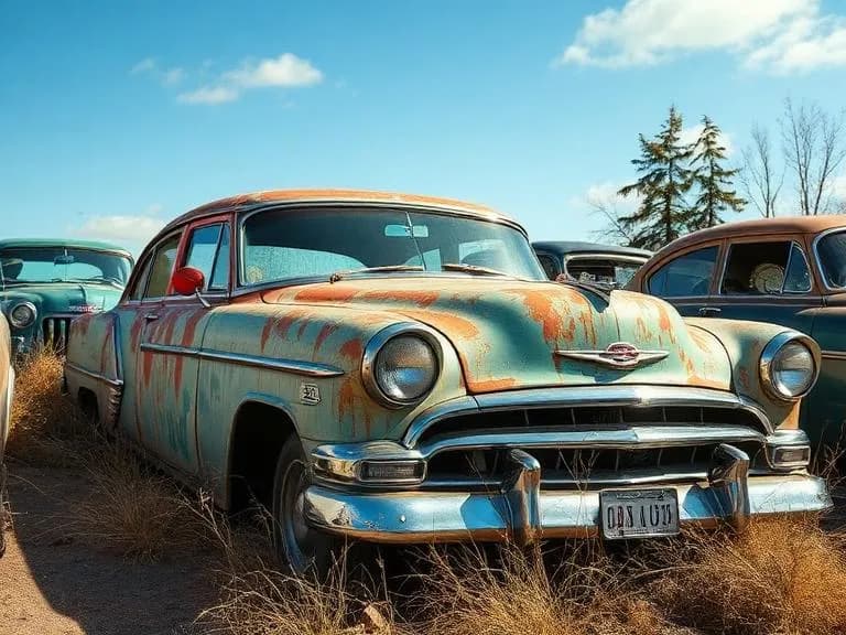 Rusted classic car in an Alberta salvage yard illustrating junk-car-for-cash value